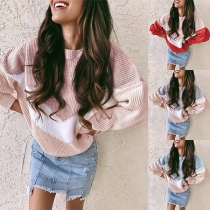 Casual Contrast Color Round Neck Long Sleeve Knitted Sweater