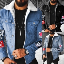 Street Fashion Plush Lined Long Sleeve Patch Printed Denim Jacket for Men