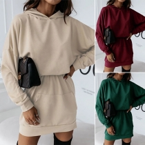 Fashion Solid Color Long Sleeve Cinch Waist Kangaroo Pockets Hooded Sweatshirt Dress