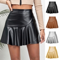 Fashion Ruffled Hemline Artificial Leather PU Skirt
