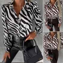 Fashion Zebra Print Stand Collar Long Sleeve Blouse