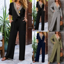 Fashion Lace Spliced V-neck Long Sleeve Self-tie Wide-leg Jumpsuit