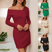 Sexy Solid Color Irregular Shoulder Long Sleeve Bodycon Dress