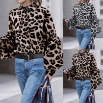 Fashion Leopard Printed Stand Collar Long Sleeve Shirt