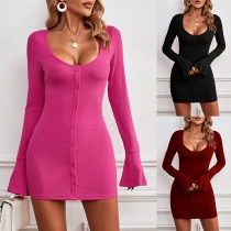 Street Fashion Solid Color U-Neck Long Sleeve Buttoned Knitted Dress