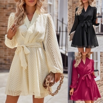 Fashion Solid Color Lapel V-neck Long Sleeve Self-tie Semi-through Gauze Spliced Mini Dress