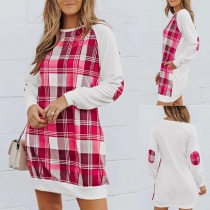 Street Fashion Contrast Color Patch Checkered Round Neck Long Sleeve Sweatshirt Dress