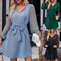 Fashion Semi-through Gauze Spliced Swiss-dot Long Sleeve Self-tie V-neck Waist Mini Dress