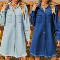 Casual Stand Collar Patch Pockets Long Sleeve Frayed Hemline Denim Dress