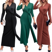 Fashion Solid Color Ruched V-neck Long Sleeve Slit Bodycon Maxi Dress