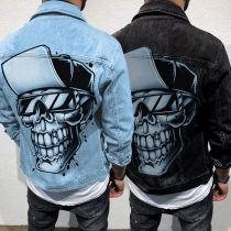 Punk Fashion Old-wash Skull Printed Stand Collar Long Sleeve Denim Jacket for Men