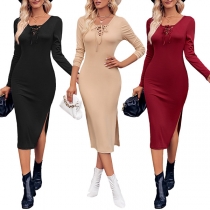 Fashion Solid Color Lace-up V-neck Long Sleeve  Slit Bodycon Dress