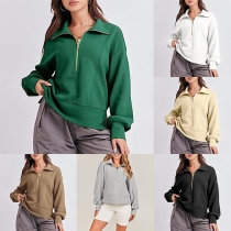 Fashion Solid Color Half-zipper Stand Collar Long Sleeve Sweatshirt