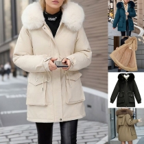 Fashion Warm Solid Color Long Sleeve Patch Pockets Drawstring Artificial Fur Spliced Hooded Coat