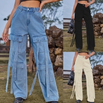Vintage Old Washed Elastic Waist Patch Pockets Streamer Detailing Straight-cut Denim Jeans