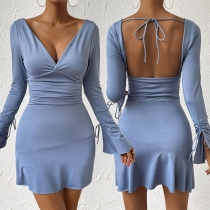 Sexy Solid Color V-neck Drawstring Long Sleeve Self-tie Backless Mini Dress