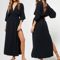 Fashion Solid Color V-neck Self-tie Backless Elbow Sleeve Slit Midi Dress