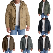 Fashion Solid Color Long Sleeve Drawstring Hooded Sherpa Lined Coat for Men