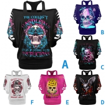 Punk Fashion Skull Print Off-the-shoulder Ripped Shirt for Halloween