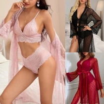 Sexy Lace Spliced Three-piece Pajamas Set Consist of Brassie, Panties and Robe