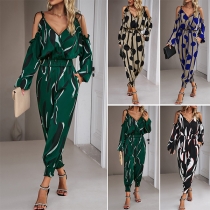 Street Fashion Printed Open-shoulder Long Sleeve Cinch Waist Jumpsuit