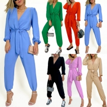 Fashion Solid Color V-neck Self-tie Long Sleeve Jumpsuit