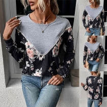 Street Fashion Floral Printed Contrast Color  Lace Spliced Shirt