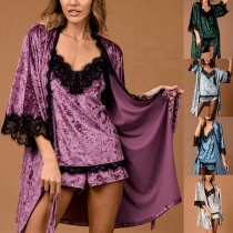 Sexy Lace Spliced Three-piece Pajamas Set Consist of Cami Top, Short and Robe