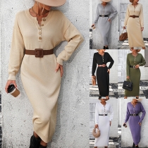 Fashion Solid Color Buttoned V-neck Batwing Sleeve Knitted Midi Dress