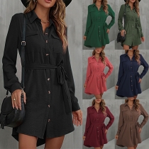 Casual Solid Color Button Stand Collar Long Sleeve Self-tie Shirt Dress
