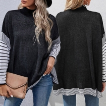 Casual Stripe Printed Mock Neck Long Sleeve Loose Shirt