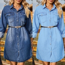 Street Fashion Old-washed Stand Collar Long Sleeve Denim Dress