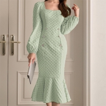 Fashion Diamond Pattern Double Breasted Square Neck Long Sleeve Fishtail Hemline Bodycon Dress