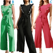 Fashion Polka-dot Printed Ruffled Round Neck Sleeveless Self-tie Jumpsuit