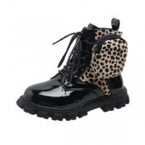 Street Fashion Leopard Print Spliced Artificial Leather Side Patch Pockets Ankle Boots for Kids