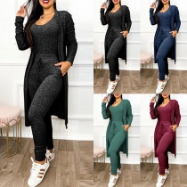 Street Fashion Solid Color Two-piece Set Consist of Cardigan and Jumpsuit
