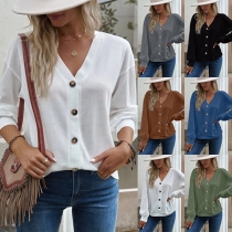Casual Solid Color Buttoned V-neck Long Sleeve Knitted Shirt