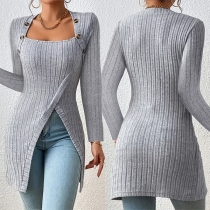 Street Fashion Buttoned Square Neck Long Sleeve Slit Knitted Shirt