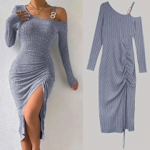 Sexy Buckle One Shoulder Long Sleeve Drawstring Slit Bodycon Knitted Dress
