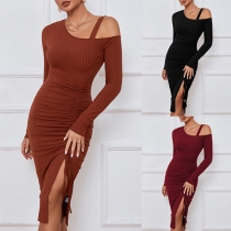 Sexy Buckle One Shoulder Long Sleeve Drawstring Slit Bodycon Knitted Dress