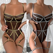 Sexy Bling-bling Strappy Gauze Spliced Lingerie Bodysuit