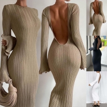 Sexy Solid Color Round Neck Long Sleeve Backless Bodycon Maxi Dress