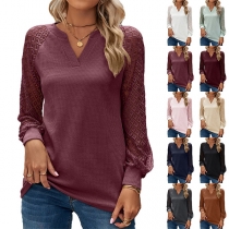 Casual Solid Color V-neck Long Sleeve Shirt