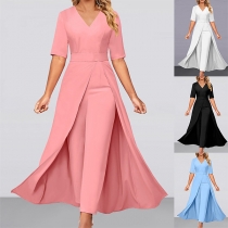 Street Fashion V-neck Short Sleeve High-rise Jumpsuit with Crepe Overlay Skirt