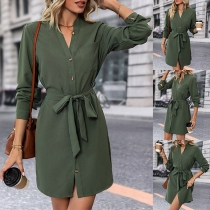 Fashion Solid Color Buttoned V-neck Long Sleeve Self-tie Dress