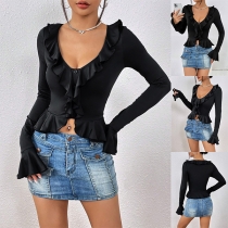 Fashion Solid Color Ruffled V-neck Long Sleeve Crop Shirt