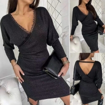 Sexy Lace Spliced Long SLeeve Backless Bodycon Dress