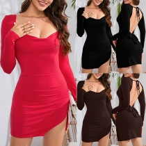 Sexy Solid Color Square Neck Long Sleeve Self-tie Backless Slit Bodycon Dress