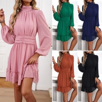Sexy Solid Color Mock Neck Long Sleeve Cinch Waist Mini Dress