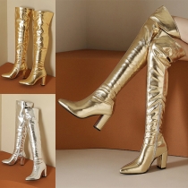 Street Fashion Bright Color-Gold/Silver Pointed Toe Block Heeled Over-the-knee Boots